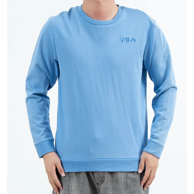 Blå sweatshirt med rund hals med tonalt brystlogo og ribkant