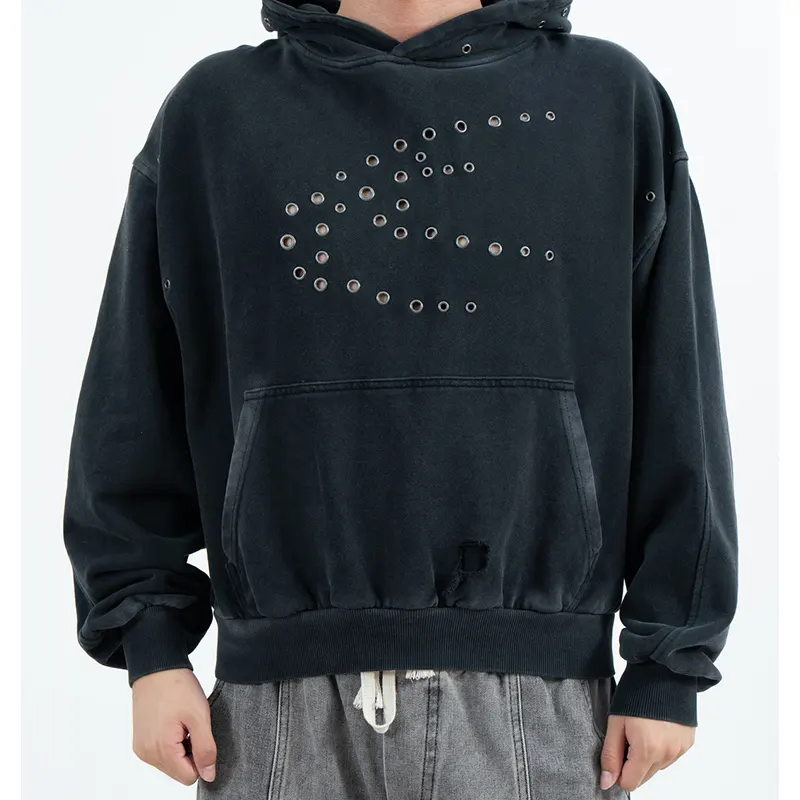 Beskåret Pullover-hættetrøje med Øje-motiv og Distressed Pocket Detail