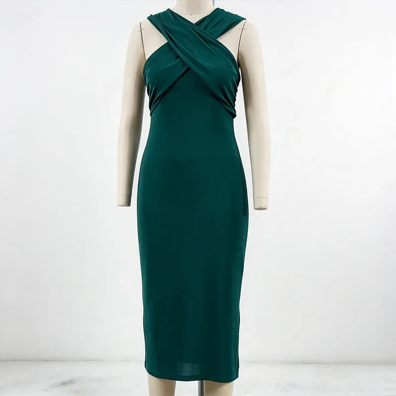 Cross-neck Bodycon Midi-kjole med draperet front og sideslids