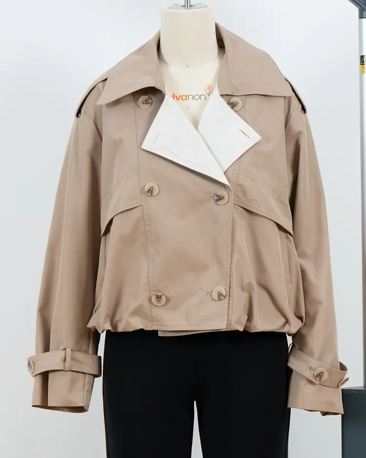 Cropped Double-Breasted Trench Jacket with Contrast Lapel