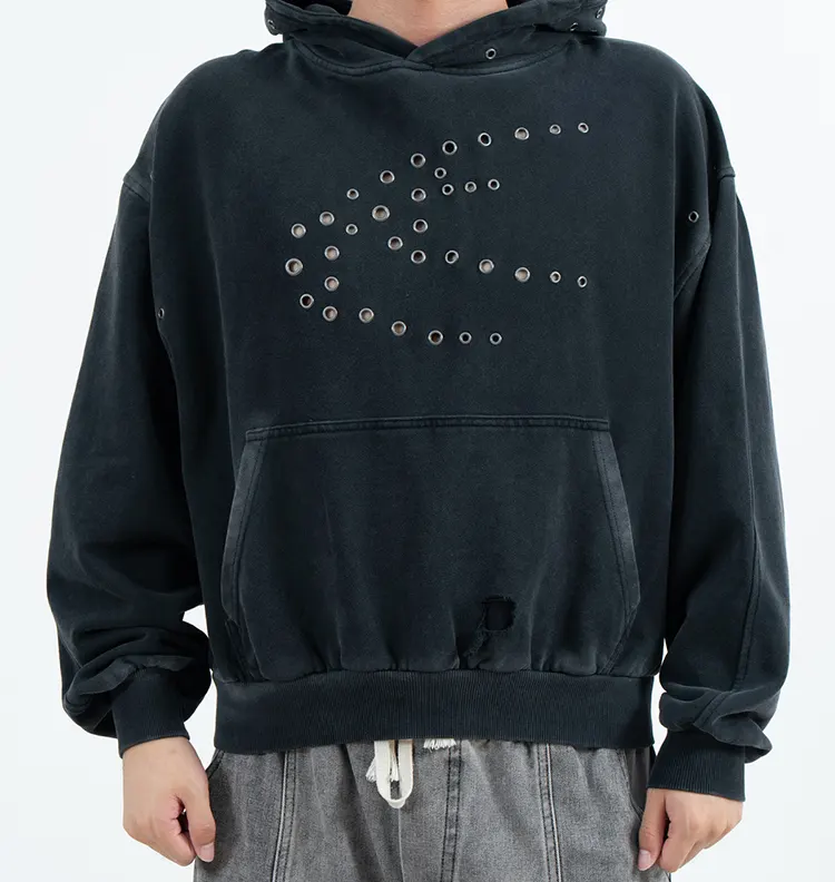 Cropped Pullover Hoodie with Eyelet Motif and Distressed Pocket Detail