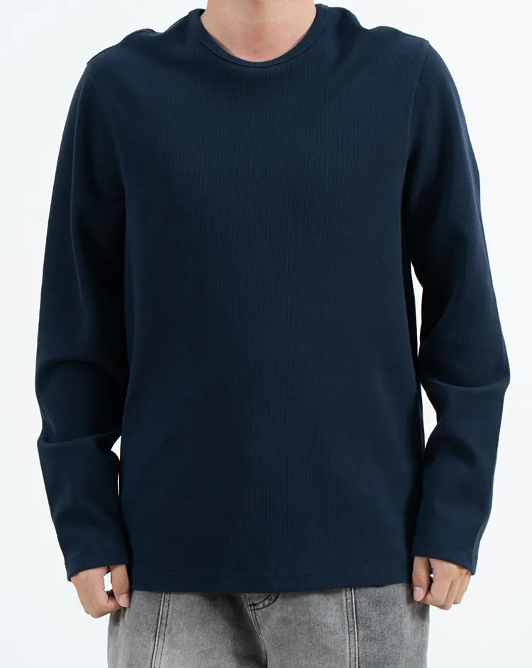 Navy Textured Crew Neck Long Sleeve T-Shirt with Relaxed Fit