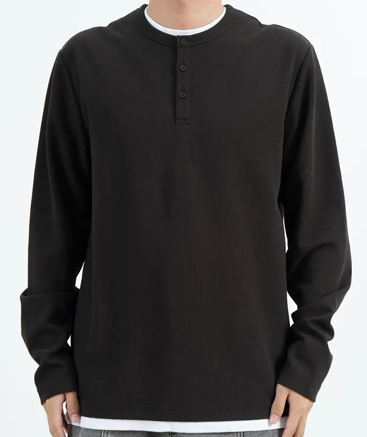 Relaxed Long Sleeve Henley Shirt with Three-Button Placket