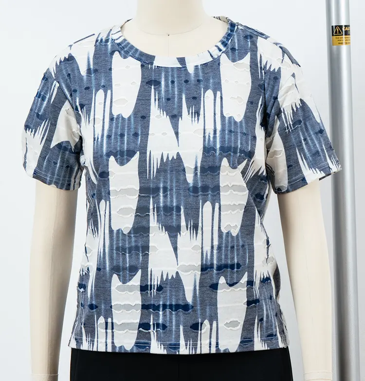 Blue and White Abstract Print T-Shirt with Ripple Texture