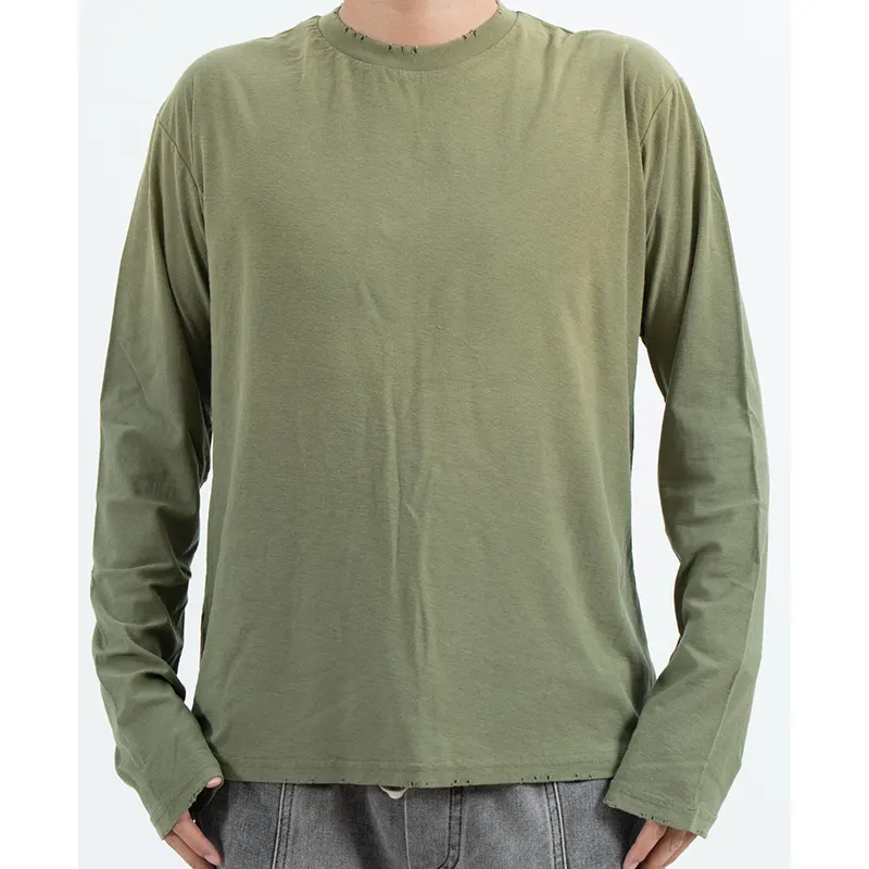 Oliven langærmet T-shirt med distressed halsudskæring og kant