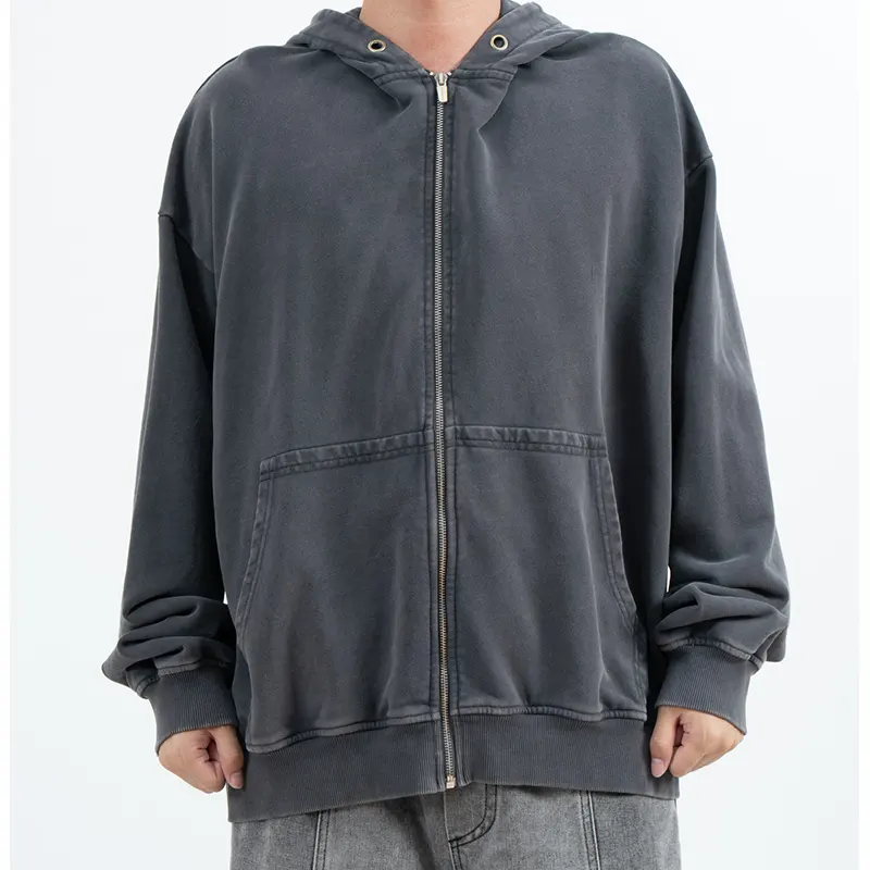 Oversized Charcoal Zip-Up hættetrøje med falmet udseende